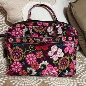 Vera Bradley Brown Quilted Floral Laptop Bag with Pink Accents